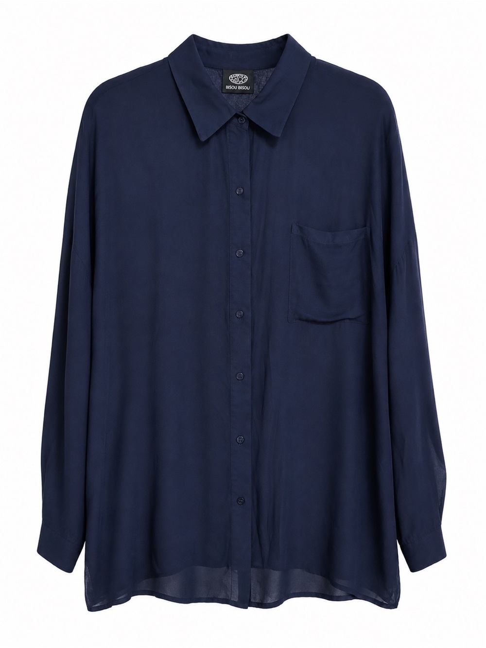 Bisou Navy Blue Long-Sleeve Button-Down Pocket Blouse Size M